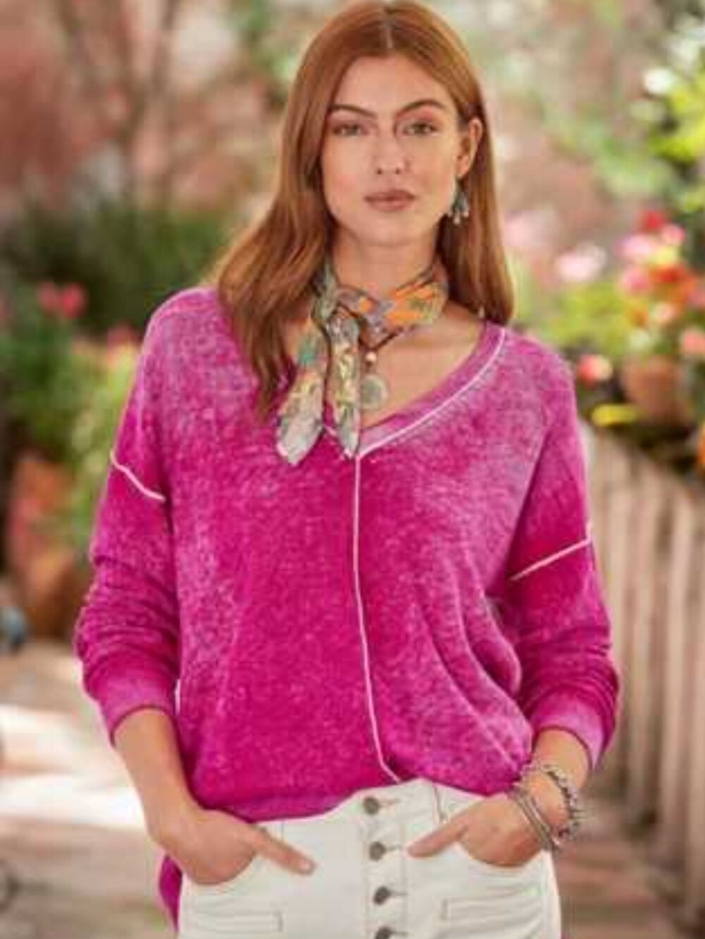 Sundance Distressed Acid Wash 100% Cotton V-Neck Sweater Pink M